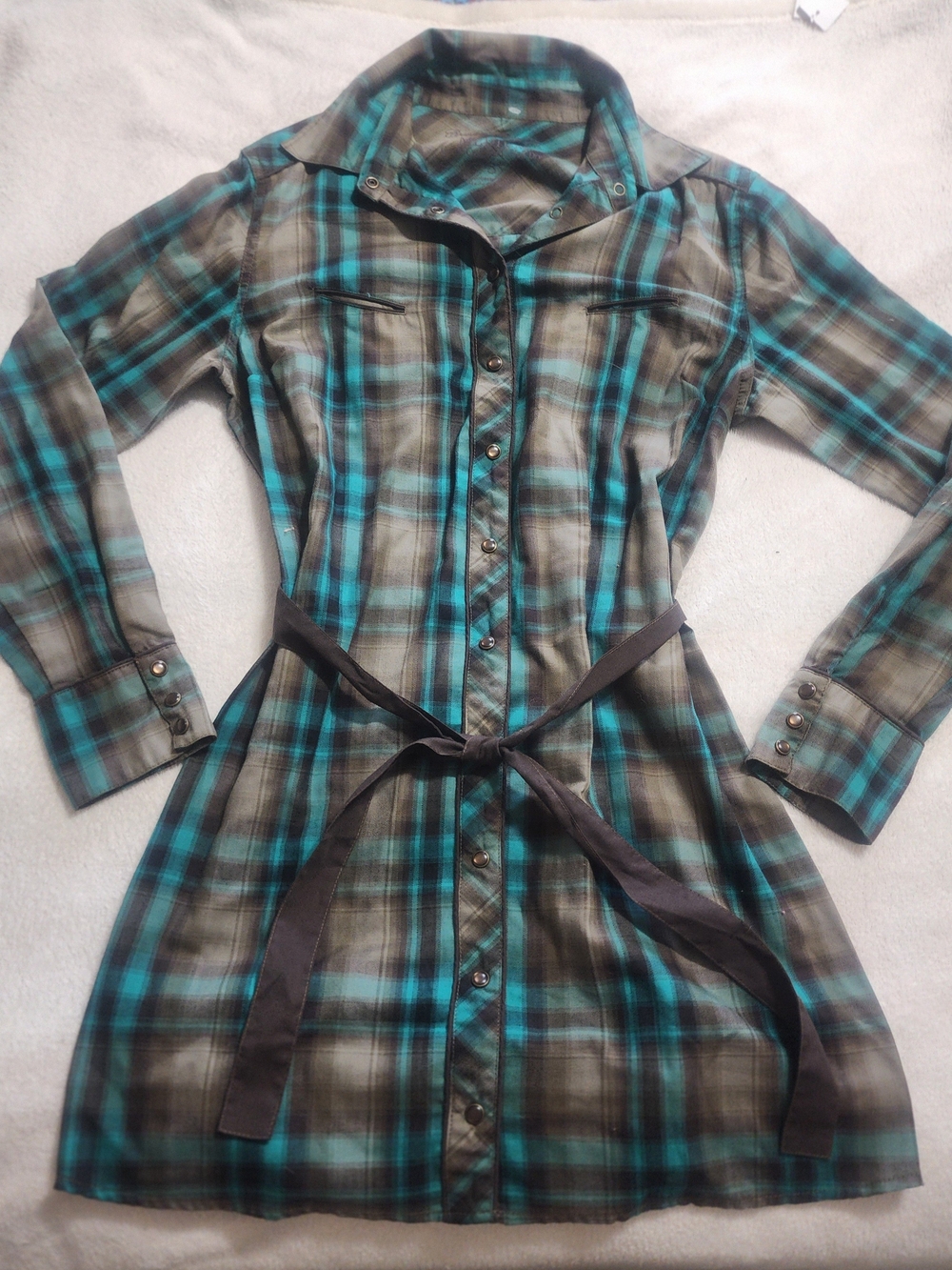 Cowgirl Tuff Co Plaid Western Shirt Dress Teal Brown Snap Button Medium M